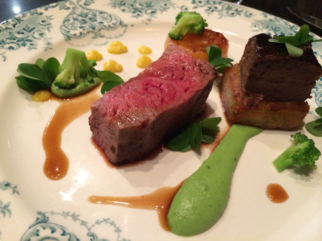 Snake River Farm's beef with beef cheeks, broccoli and a potato rosti