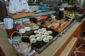 a counter with food on it