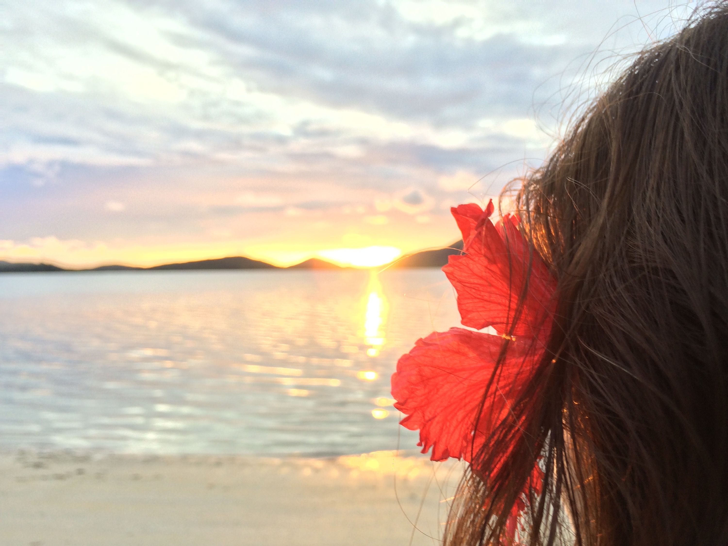 a woman with a flower in her hair looking at the sunset