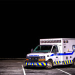 a white and blue ambulance