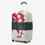 a luggage cover with a red and white design